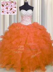 Trendy Orange Red Ball Gowns Sweetheart Sleeveless Organza Floor Length Lace Up Beading and Ruffles Sweet 16 Quinceanera Dress