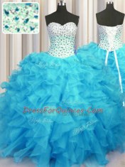 Dynamic Sleeveless Floor Length Beading and Ruffles Lace Up Quinceanera Gowns with Baby Blue
