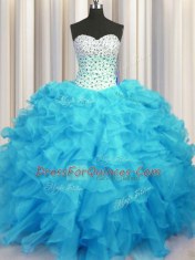 Dynamic Sleeveless Floor Length Beading and Ruffles Lace Up Quinceanera Gowns with Baby Blue