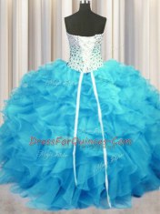 Dynamic Sleeveless Floor Length Beading and Ruffles Lace Up Quinceanera Gowns with Baby Blue