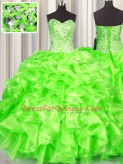 Sleeveless Organza Floor Length Lace Up 15th Birthday Dress in with Beading and Ruffles