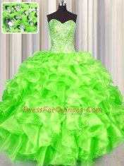Sleeveless Organza Floor Length Lace Up 15th Birthday Dress in with Beading and Ruffles