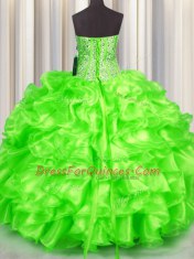Sleeveless Organza Floor Length Lace Up 15th Birthday Dress in with Beading and Ruffles