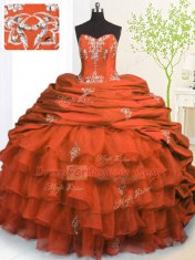 Chic Orange Red Sleeveless With Train Beading and Appliques and Ruffled Layers and Pick Ups Lace Up Quinceanera Gown