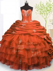 Chic Orange Red Sleeveless With Train Beading and Appliques and Ruffled Layers and Pick Ups Lace Up Quinceanera Gown