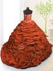 Chic Orange Red Sleeveless With Train Beading and Appliques and Ruffled Layers and Pick Ups Lace Up Quinceanera Gown