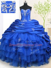 Affordable With Train Lace Up Sweet 16 Quinceanera Dress Royal Blue for Military Ball and Sweet 16 and Quinceanera with Beading and Appliques and Ruffled Layers and Pick Ups Brush Train