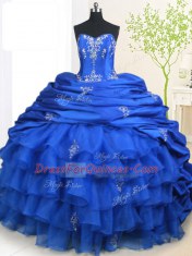 Affordable With Train Lace Up Sweet 16 Quinceanera Dress Royal Blue for Military Ball and Sweet 16 and Quinceanera with Beading and Appliques and Ruffled Layers and Pick Ups Brush Train