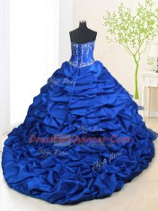 Affordable With Train Lace Up Sweet 16 Quinceanera Dress Royal Blue for Military Ball and Sweet 16 and Quinceanera with Beading and Appliques and Ruffled Layers and Pick Ups Brush Train