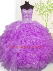 Purple Organza Lace Up Sweet 16 Quinceanera Dress Sleeveless Floor Length Beading and Ruffles and Pick Ups