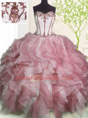 Fabulous Pink And White Sweet 16 Dresses Military Ball and Sweet 16 and Quinceanera and For with Ruffles Sweetheart Sleeveless Lace Up