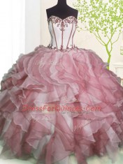 Fabulous Pink And White Sweet 16 Dresses Military Ball and Sweet 16 and Quinceanera and For with Ruffles Sweetheart Sleeveless Lace Up