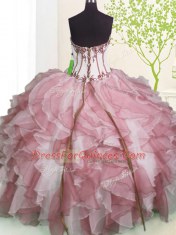 Fabulous Pink And White Sweet 16 Dresses Military Ball and Sweet 16 and Quinceanera and For with Ruffles Sweetheart Sleeveless Lace Up