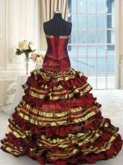 Ideal Ruffled Layers Wine Red Sweet 16 Quinceanera Dress Sweetheart Sleeveless Sweep Train Lace Up