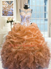 Orange Quinceanera Gown Military Ball and Sweet 16 and Quinceanera and For with Beading and Ruffles Scoop Sleeveless Zipper