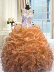 Orange Quinceanera Gown Military Ball and Sweet 16 and Quinceanera and For with Beading and Ruffles Scoop Sleeveless Zipper