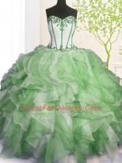 Chic Green Organza Lace Up 15th Birthday Dress Sleeveless Floor Length Beading and Ruffles