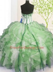 Chic Green Organza Lace Up 15th Birthday Dress Sleeveless Floor Length Beading and Ruffles