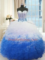 Sweetheart Sleeveless Lace Up Vestidos de Quinceanera Blue And White Organza
