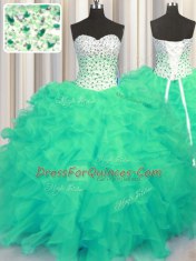 Sweetheart Sleeveless Organza 15 Quinceanera Dress Beading and Ruffles Lace Up