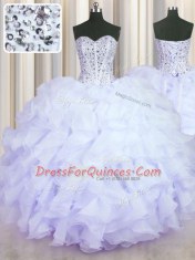 Glamorous Lavender Ball Gown Prom Dress Military Ball and Sweet 16 and Quinceanera and For with Beading and Ruffles Sweetheart Sleeveless Lace Up