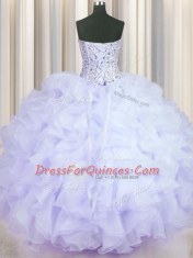 Glamorous Lavender Ball Gown Prom Dress Military Ball and Sweet 16 and Quinceanera and For with Beading and Ruffles Sweetheart Sleeveless Lace Up