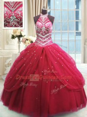 Deluxe Red Lace Up High-neck Beading Vestidos de Quinceanera Tulle Sleeveless