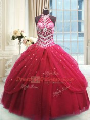 Deluxe Red Lace Up High-neck Beading Vestidos de Quinceanera Tulle Sleeveless