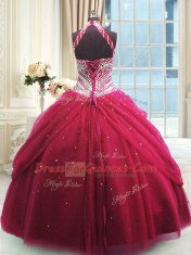 Deluxe Red Lace Up High-neck Beading Vestidos de Quinceanera Tulle Sleeveless
