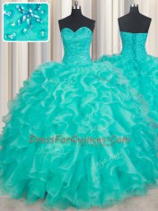 High Class Turquoise Lace Up Sweetheart Beading and Ruffles Quinceanera Dresses Organza Sleeveless