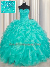 High Class Turquoise Lace Up Sweetheart Beading and Ruffles Quinceanera Dresses Organza Sleeveless