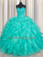 High Class Turquoise Lace Up Sweetheart Beading and Ruffles Quinceanera Dresses Organza Sleeveless
