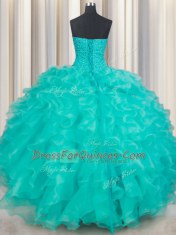 High Class Turquoise Lace Up Sweetheart Beading and Ruffles Quinceanera Dresses Organza Sleeveless