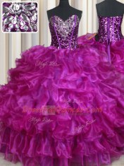 New Arrival Fuchsia Lace Up Sweetheart Beading and Ruffles 15th Birthday Dress Organza Sleeveless
