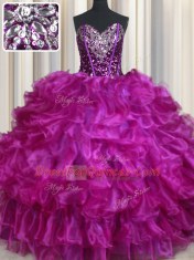 New Arrival Fuchsia Lace Up Sweetheart Beading and Ruffles 15th Birthday Dress Organza Sleeveless