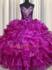 New Arrival Fuchsia Lace Up Sweetheart Beading and Ruffles 15th Birthday Dress Organza Sleeveless