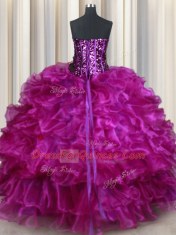 New Arrival Fuchsia Lace Up Sweetheart Beading and Ruffles 15th Birthday Dress Organza Sleeveless