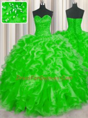 Edgy Sleeveless Organza Floor Length Lace Up Quinceanera Dresses in with Beading and Ruffles