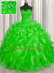 Edgy Sleeveless Organza Floor Length Lace Up Quinceanera Dresses in with Beading and Ruffles