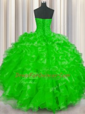 Edgy Sleeveless Organza Floor Length Lace Up Quinceanera Dresses in with Beading and Ruffles