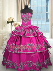 Exquisite Sleeveless Satin Floor Length Lace Up Vestidos de Quinceanera in Fuchsia with Embroidery and Ruffled Layers
