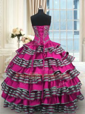 Exquisite Sleeveless Satin Floor Length Lace Up Vestidos de Quinceanera in Fuchsia with Embroidery and Ruffled Layers