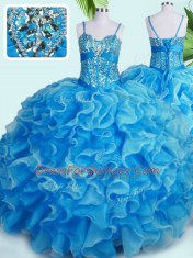 Exquisite Baby Blue Spaghetti Straps Lace Up Beading and Ruffles Quinceanera Gowns Sleeveless