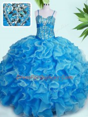 Exquisite Baby Blue Spaghetti Straps Lace Up Beading and Ruffles Quinceanera Gowns Sleeveless