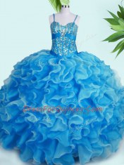 Exquisite Baby Blue Spaghetti Straps Lace Up Beading and Ruffles Quinceanera Gowns Sleeveless