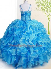 Exquisite Baby Blue Spaghetti Straps Lace Up Beading and Ruffles Quinceanera Gowns Sleeveless