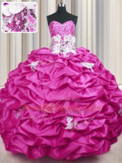 Modern Fuchsia Lace Up Sweet 16 Quinceanera Dress Appliques and Sequins and Pick Ups Sleeveless With Train Sweep Train