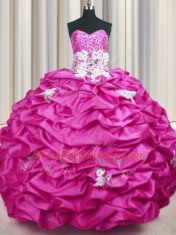 Modern Fuchsia Lace Up Sweet 16 Quinceanera Dress Appliques and Sequins and Pick Ups Sleeveless With Train Sweep Train