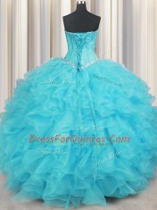 Perfect Floor Length Aqua Blue Quince Ball Gowns Sweetheart Sleeveless Lace Up