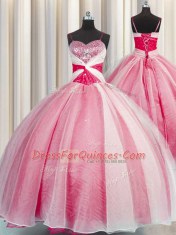 Beauteous Coral Red Sweet 16 Quinceanera Dress Military Ball and Sweet 16 and Quinceanera and For with Beading and Sequins and Ruching Spaghetti Straps Sleeveless Lace Up